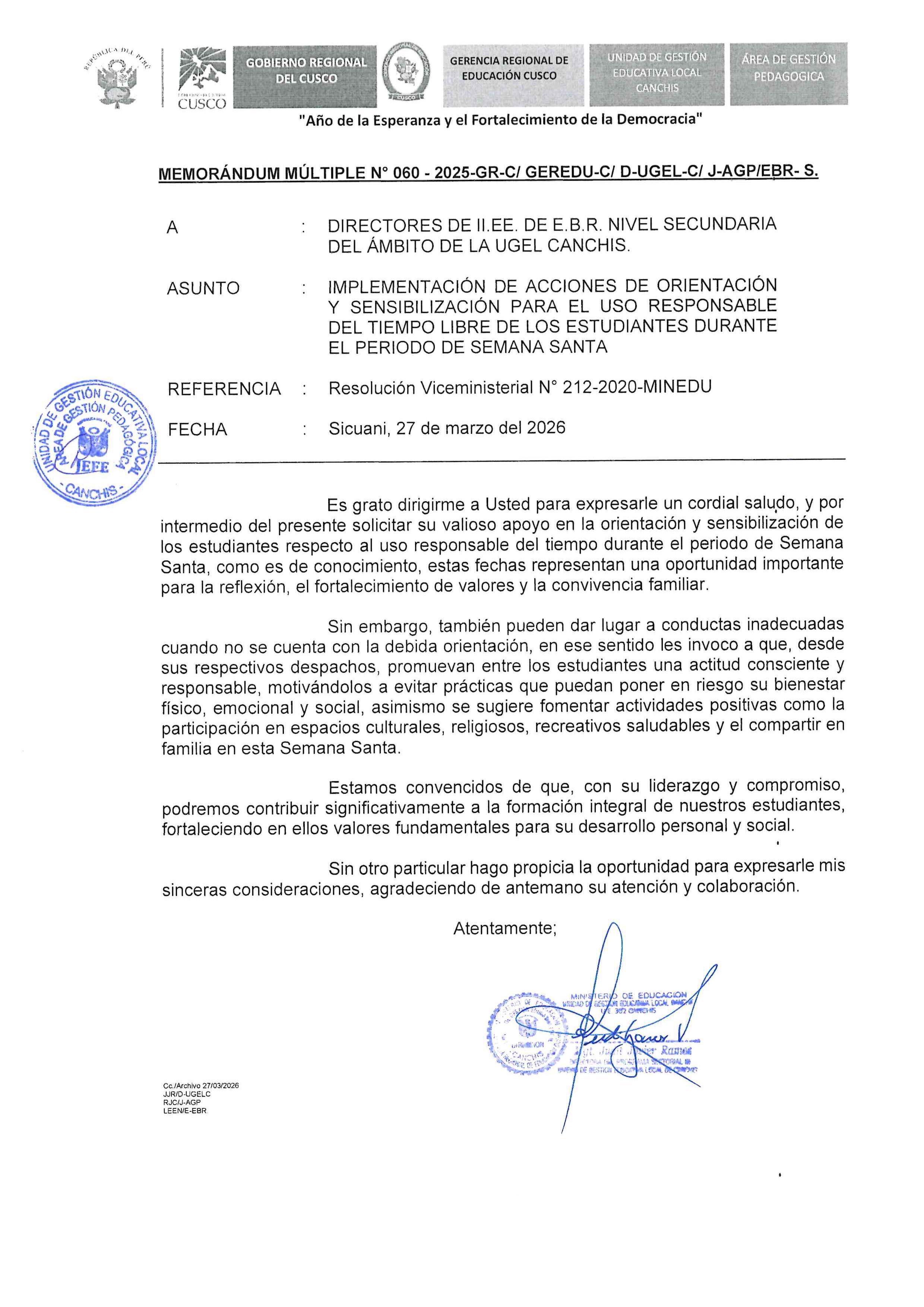 Implementación DE ACCIONES DE ORIENTACIÓN Y SENSIBILIZACIÓN PARA EL USO RESPONSABLE DEL TIEMPO LIBRE DE LOS ESTUDIANTES DURANTE EL PERIODO DE SEMANA SANTA